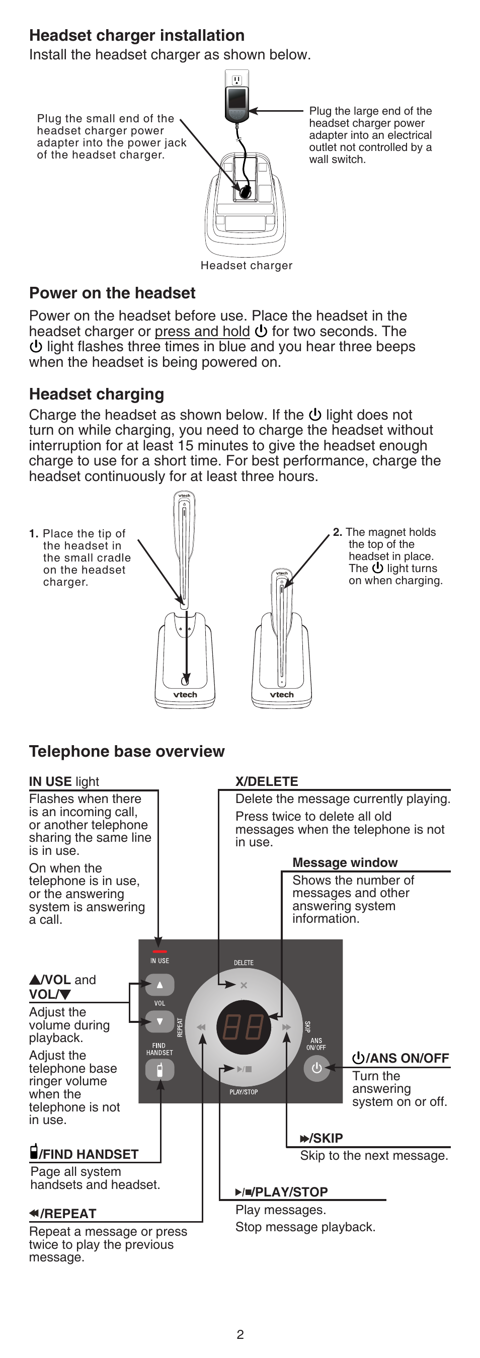 Headset charger installation, Power on the headset, Headset charging | Telephone base overview | VTech LS6325-2 User Manual | Page 2 / 8