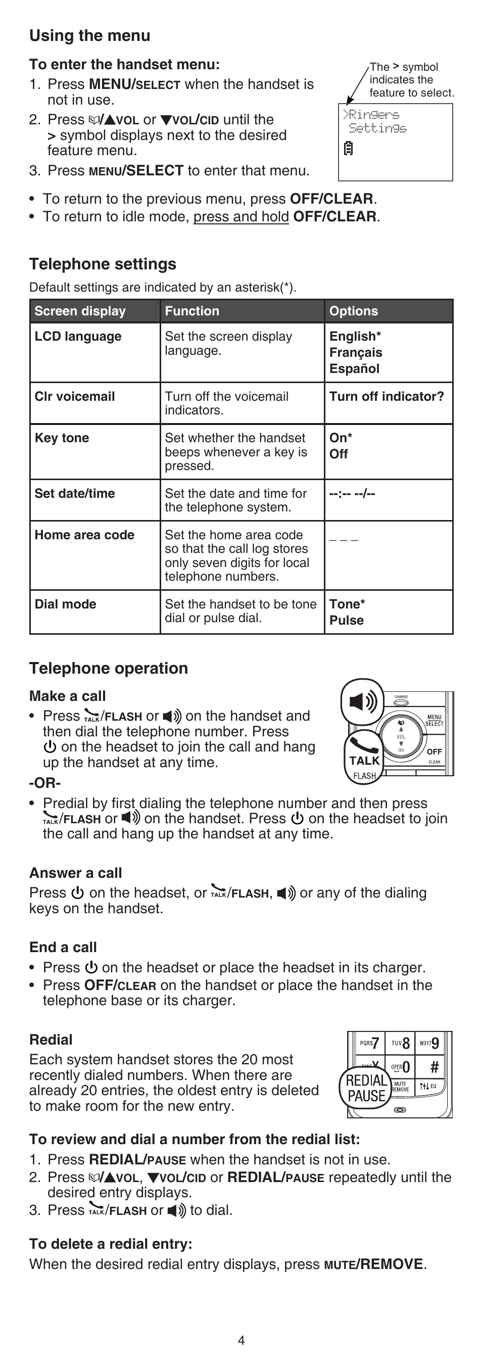Telephone settings, Using the menu, Telephone operation | VTech LS6325-2 User Manual | Page 4 / 8