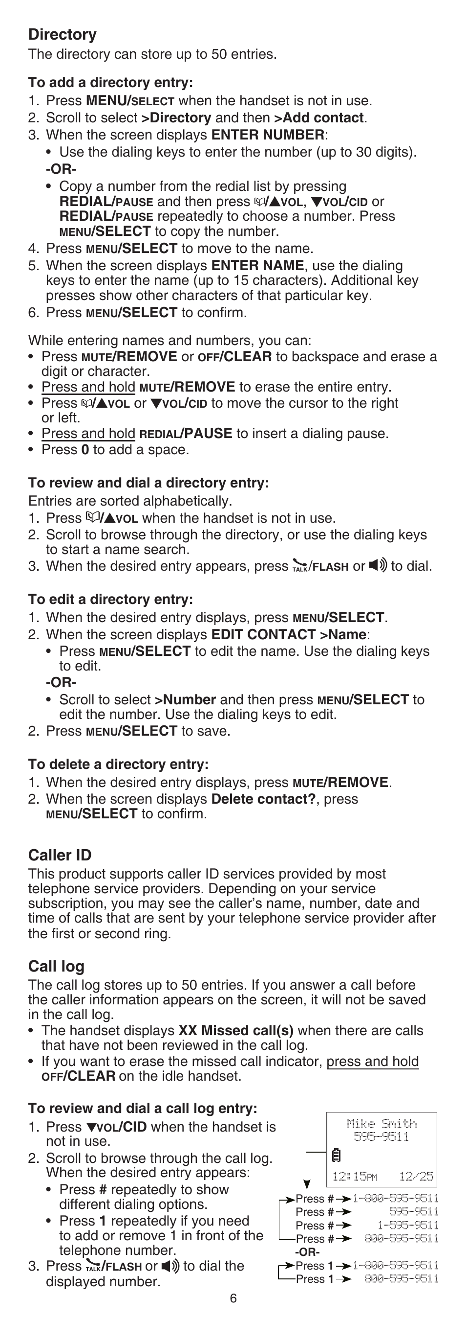 Directory, Caller id, Call log | VTech LS6325-2 User Manual | Page 6 / 8