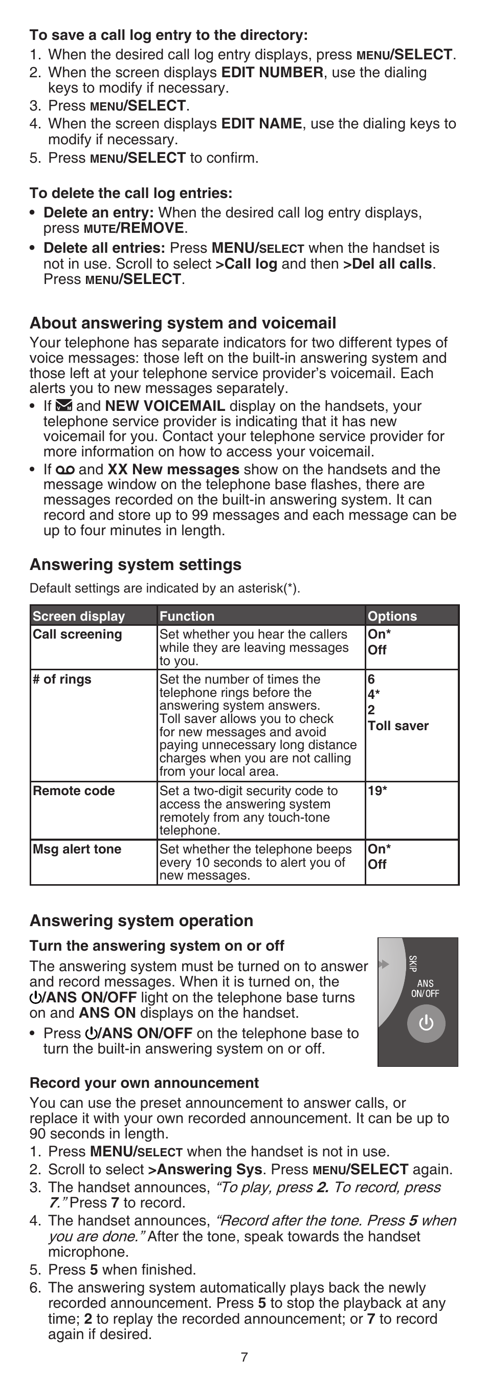 About answering system and voicemail, Answering system settings, Answering system operation | VTech LS6325-2 User Manual | Page 7 / 8