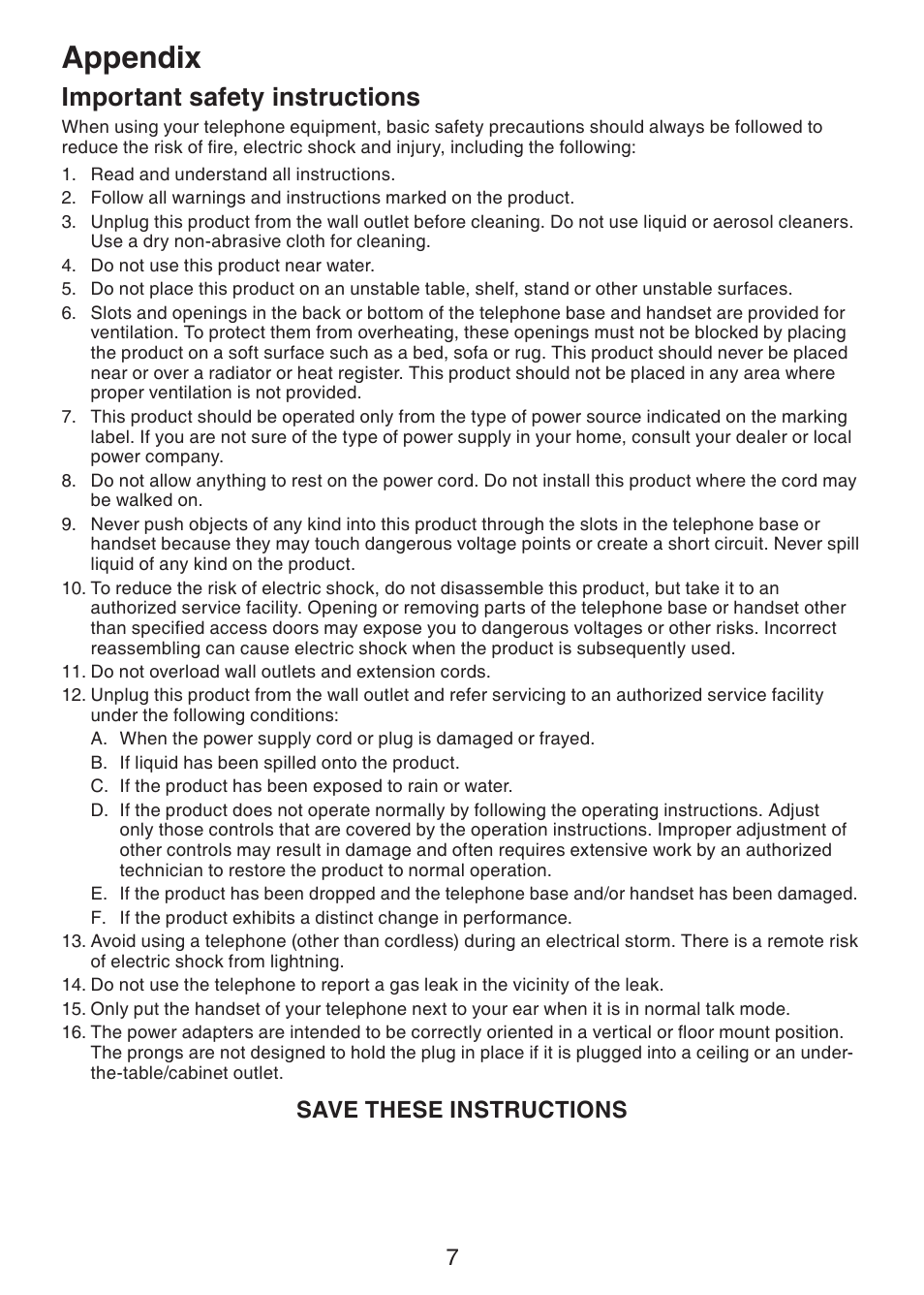 Important safety instructions, Appendix, Save these instructions | VTech LS6226-2 User Manual | Page 10 / 18