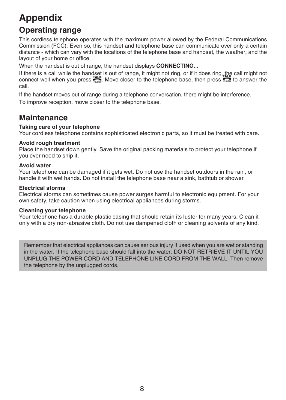 Operating range, Maintenance, Appendix | VTech LS6226-2 User Manual | Page 11 / 18
