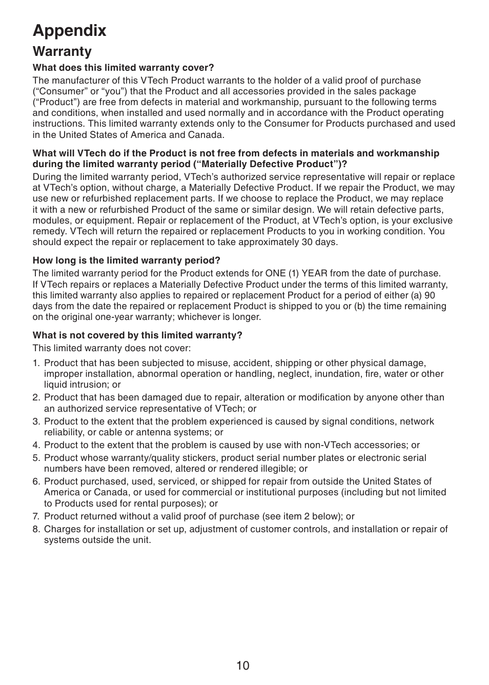Warranty, Appendix | VTech LS6226-2 User Manual | Page 13 / 18