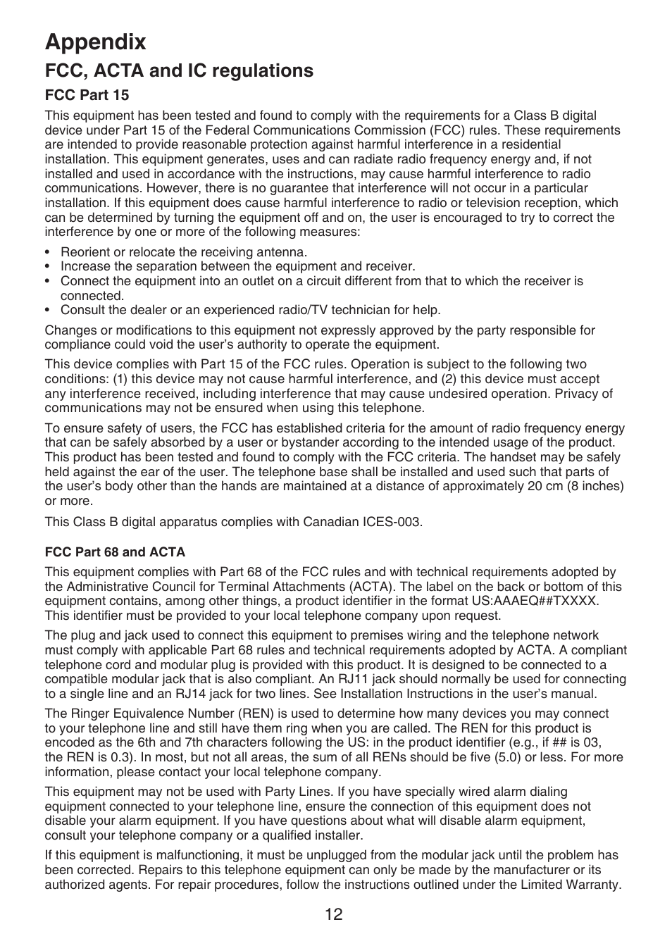 Fcc, acta and ic regulations, Appendix | VTech LS6226-2 User Manual | Page 15 / 18