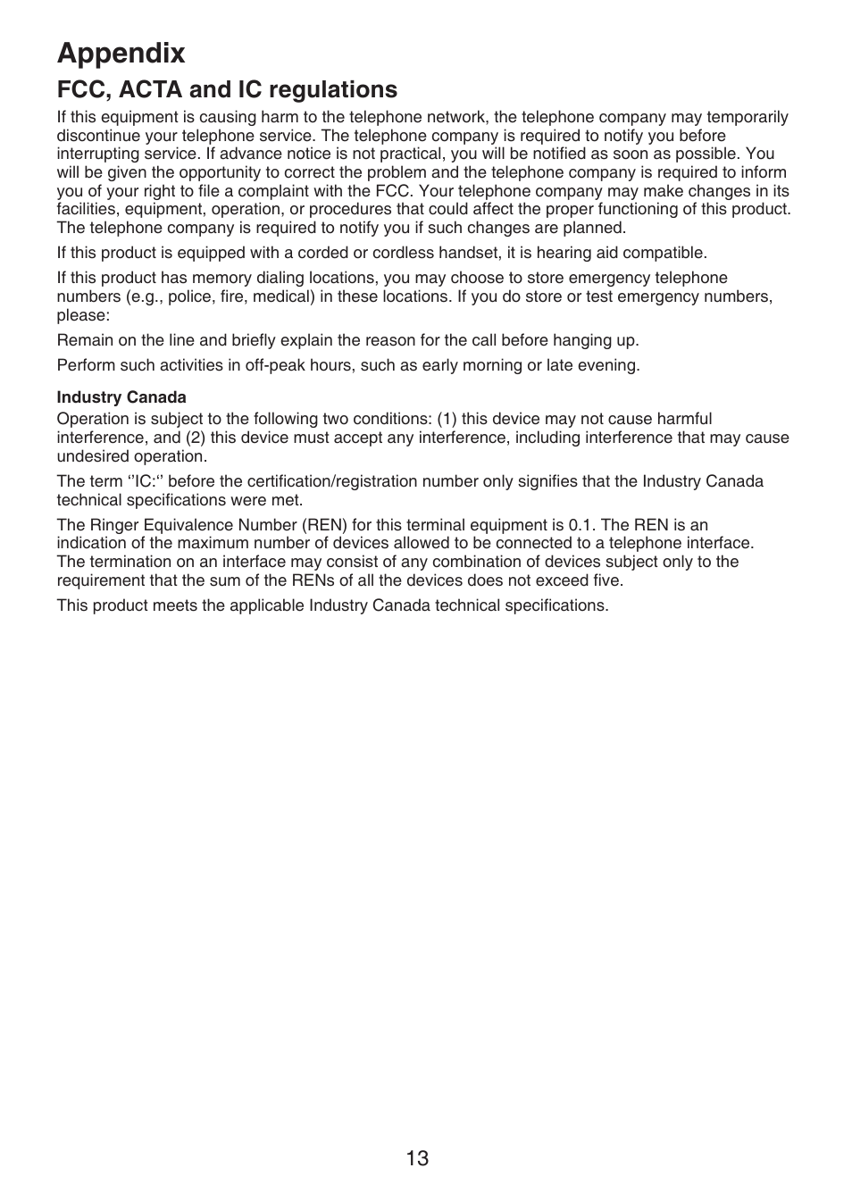 Appendix, Fcc, acta and ic regulations | VTech LS6226-2 User Manual | Page 16 / 18
