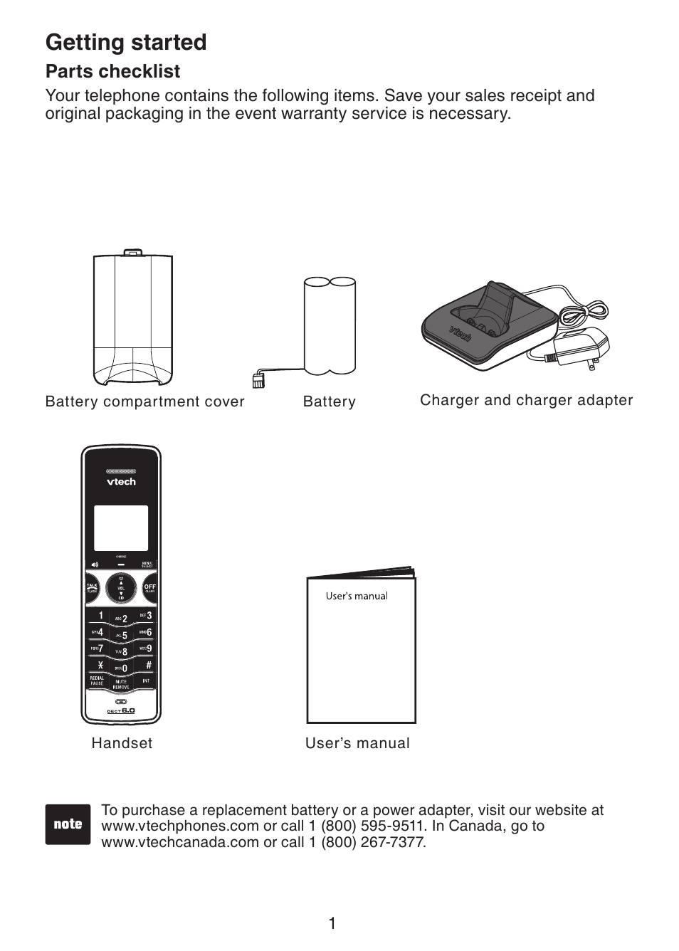 Getting started parts checklist, Getting started | VTech LS6226-2 User Manual | Page 4 / 18