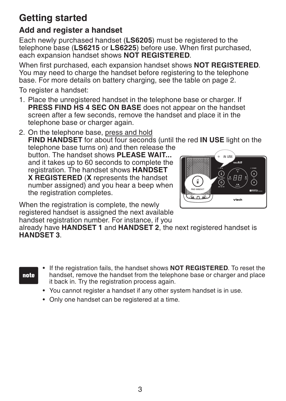Add and register a handset, Getting started | VTech LS6226-2 User Manual | Page 6 / 18