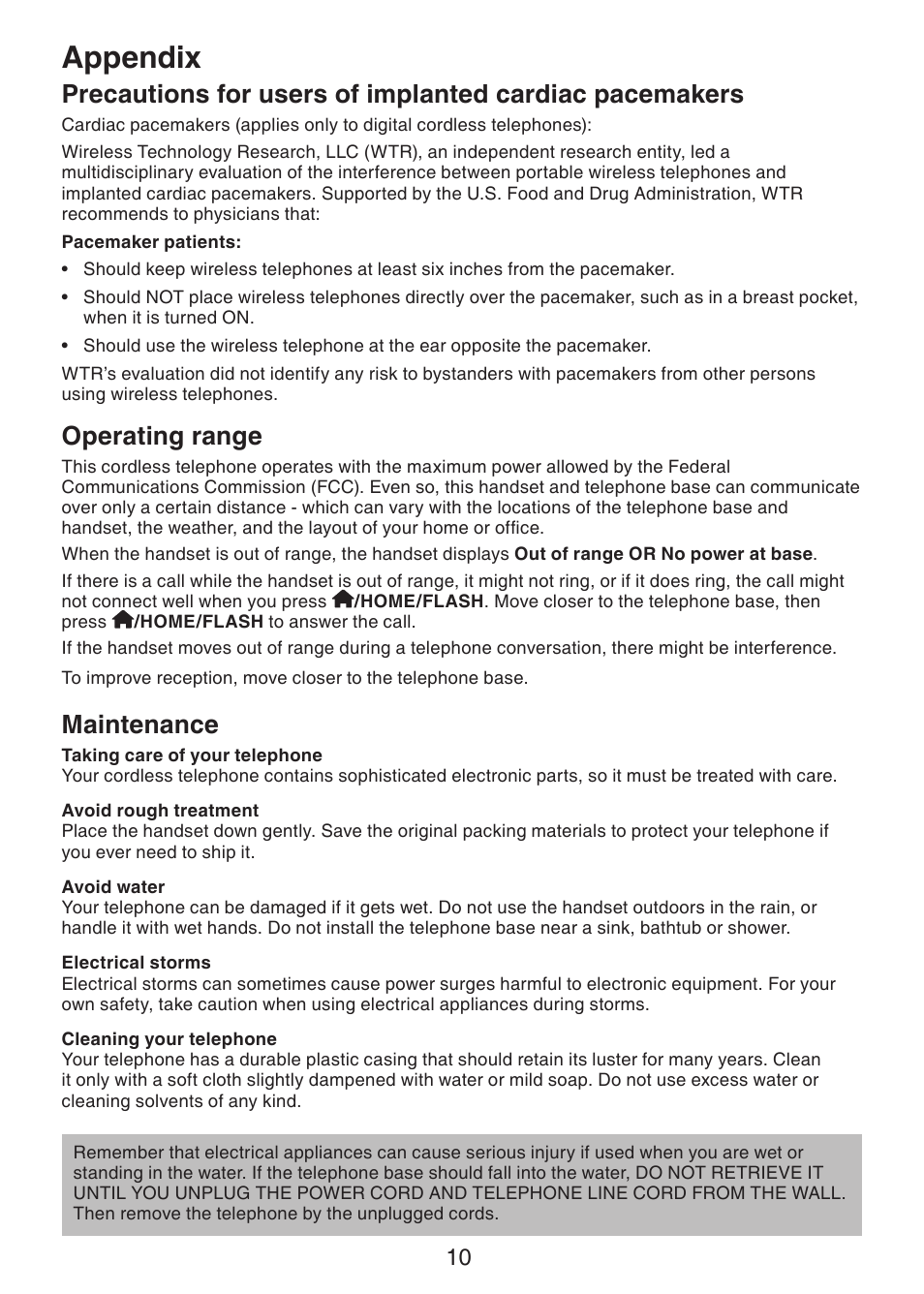 Precautions for users of implanted, Cardiac pacemakers, Operating range | Maintenance, Appendix | VTech DS6301 User Manual | Page 13 / 20