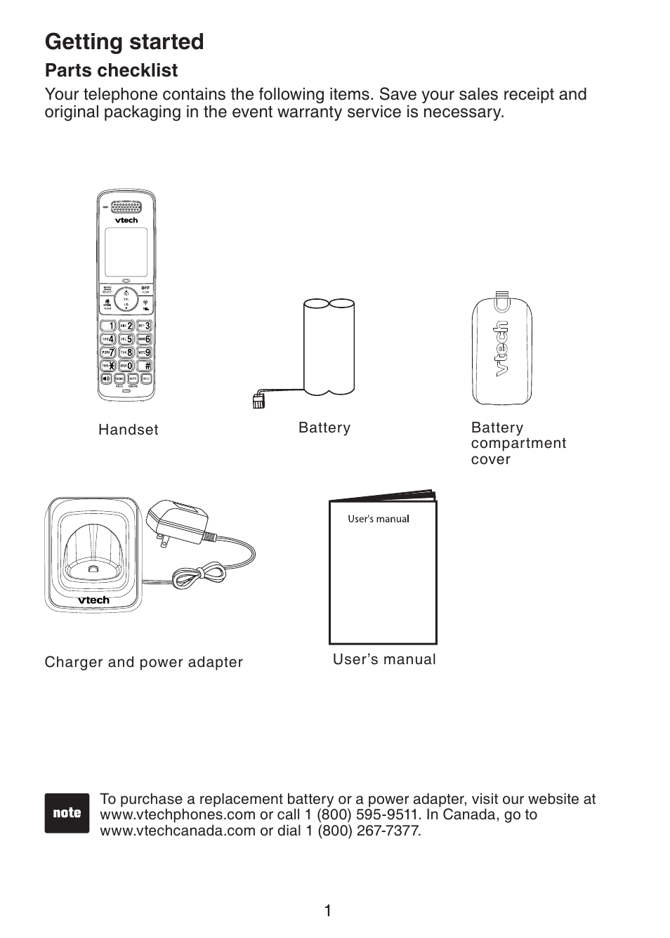 Getting started parts checklist, Getting started, Parts checklist | VTech DS6301 User Manual | Page 4 / 20