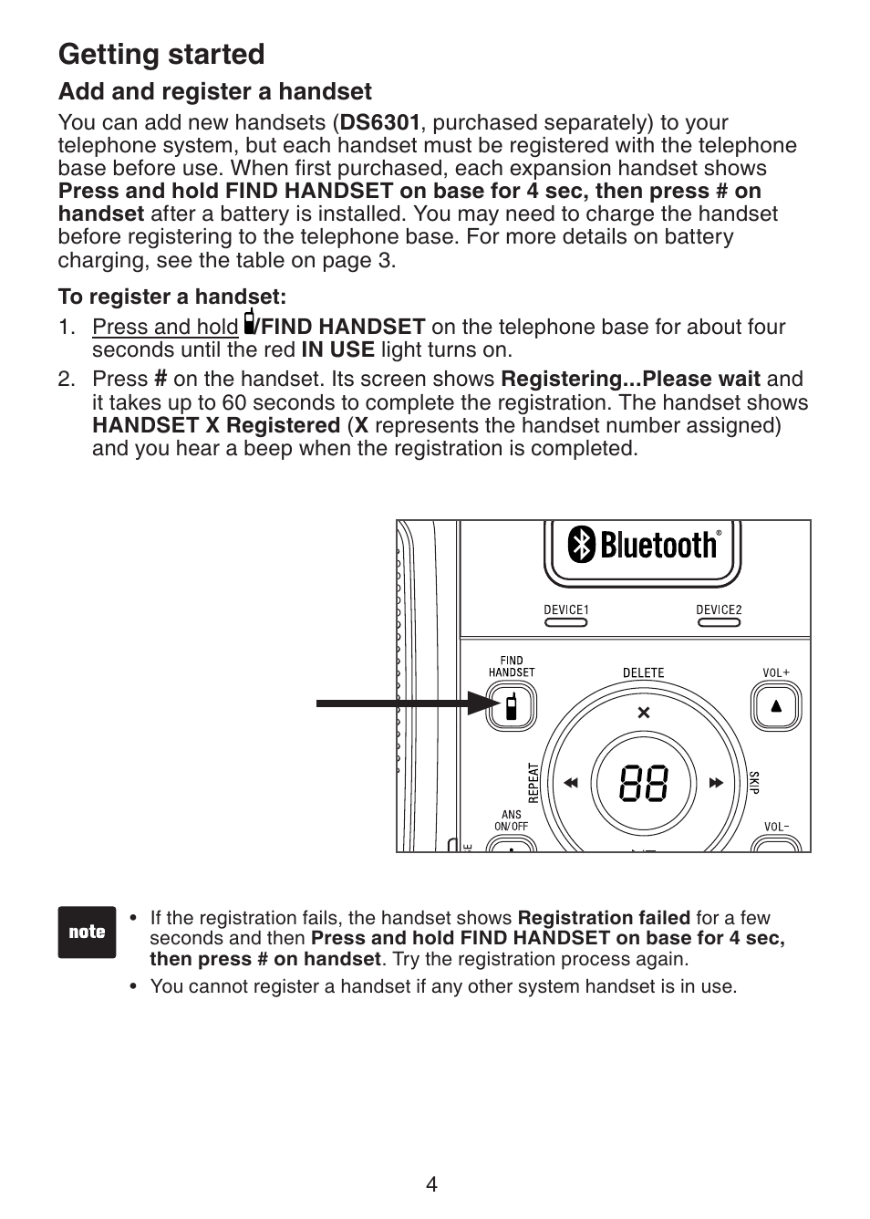 Add and register a handset, Getting started | VTech DS6301 User Manual | Page 7 / 20