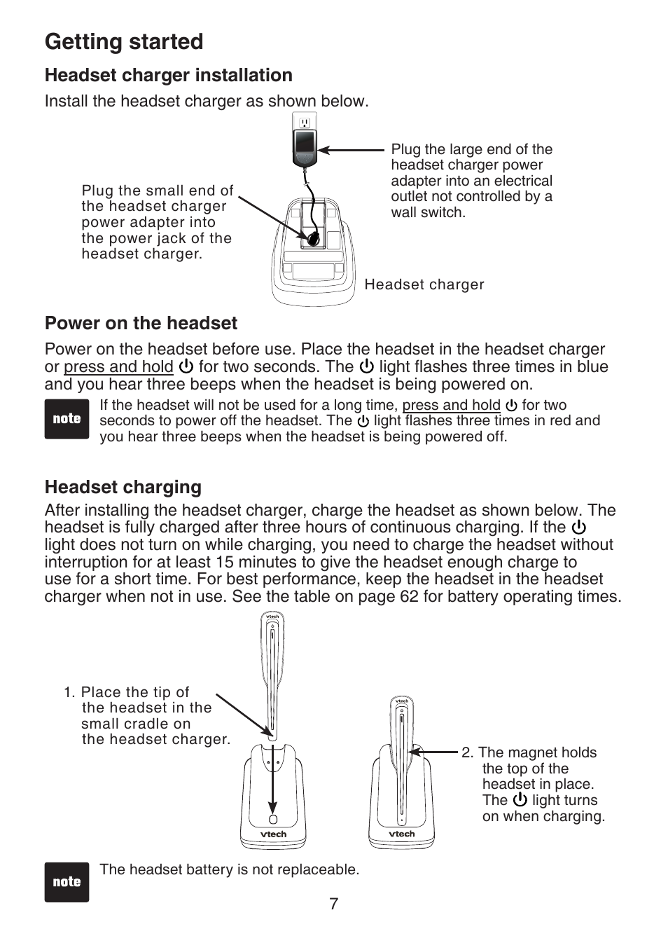 Headset charging, Power on the headset, Headset charger installation | Getting started | VTech DECT 6.0 LS6375-3 User Manual | Page 11 / 89