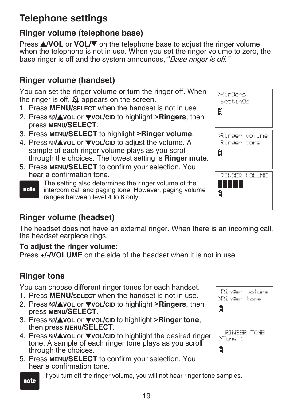 Telephone settings, Ringer volume (telephone base), Ringer volume (handset) | Ringer volume (headset), Ringer tone, Telephone settings ringer volume (telephone base) | VTech DECT 6.0 LS6375-3 User Manual | Page 23 / 89