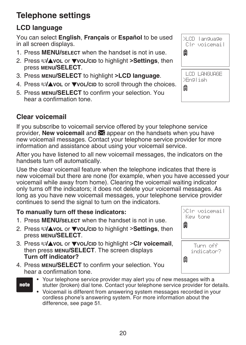 Lcd language, Clear voicemail, Telephone settings | VTech DECT 6.0 LS6375-3 User Manual | Page 24 / 89