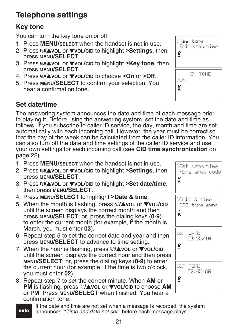 Key tone, Set date/time, Telephone settings | VTech DECT 6.0 LS6375-3 User Manual | Page 25 / 89