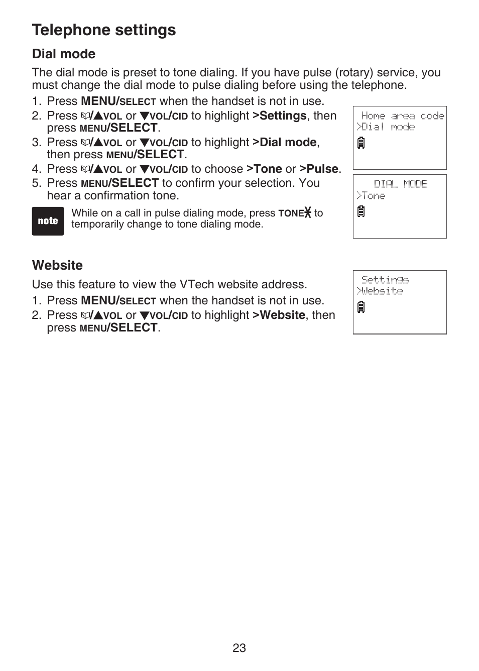 Dial mode, Website, Telephone settings | VTech DECT 6.0 LS6375-3 User Manual | Page 27 / 89