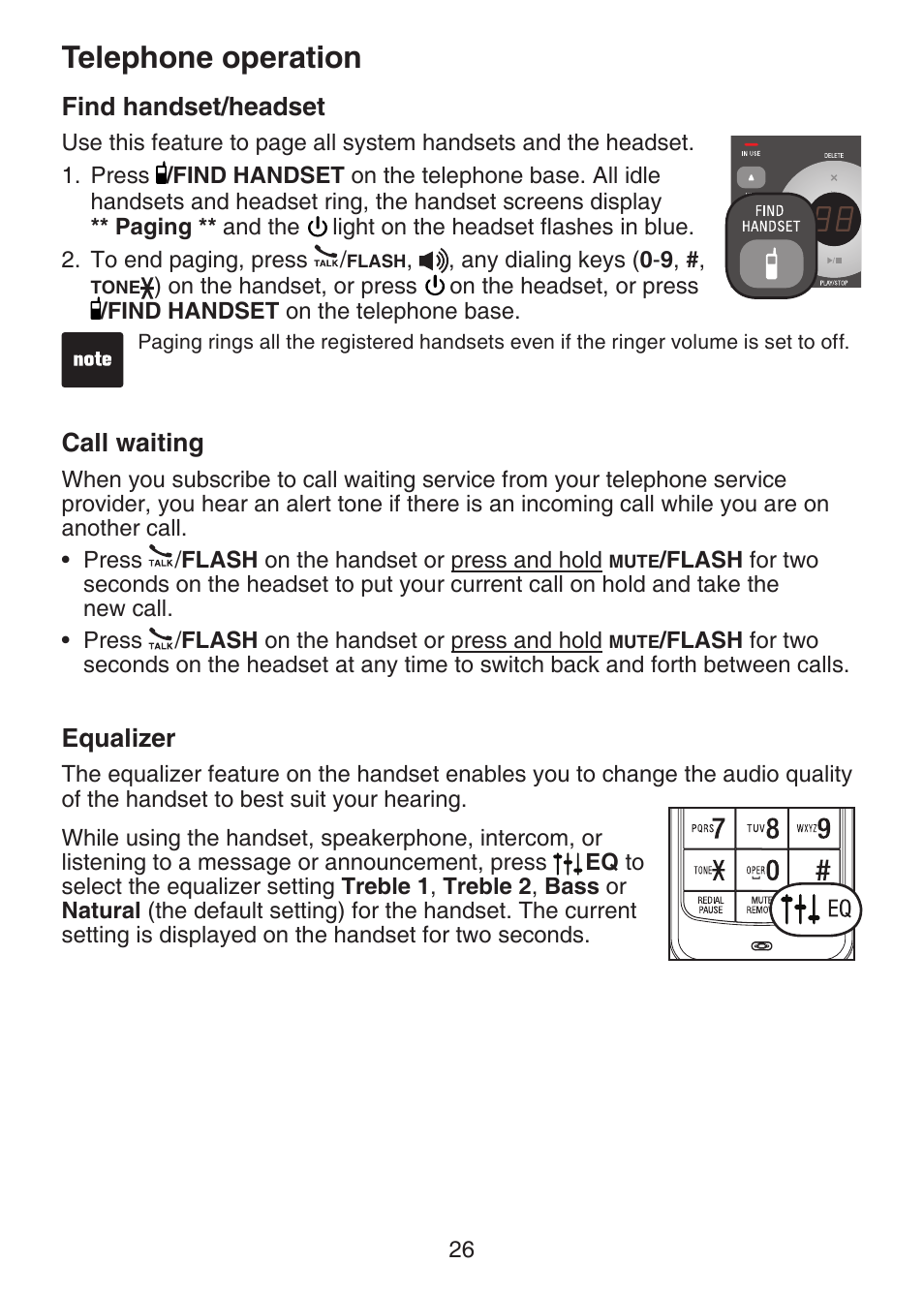 Find handset/headset, Call waiting, Equalizer | Telephone operation | VTech DECT 6.0 LS6375-3 User Manual | Page 30 / 89