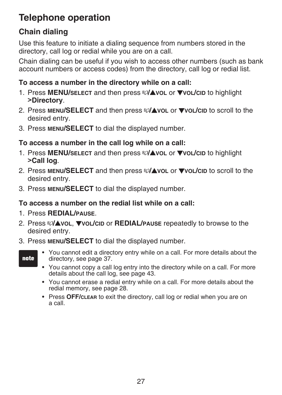 Chain dialing, Telephone operation | VTech DECT 6.0 LS6375-3 User Manual | Page 31 / 89