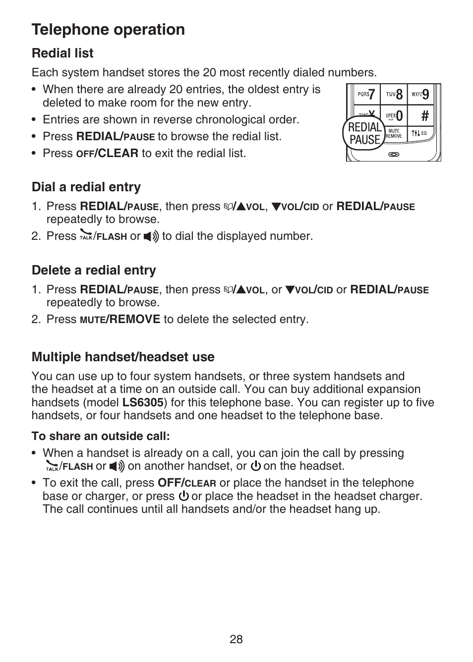 Redial list, Dial a redial entry, Delete a redial entry | Multiple handset/headset use, Telephone operation | VTech DECT 6.0 LS6375-3 User Manual | Page 32 / 89