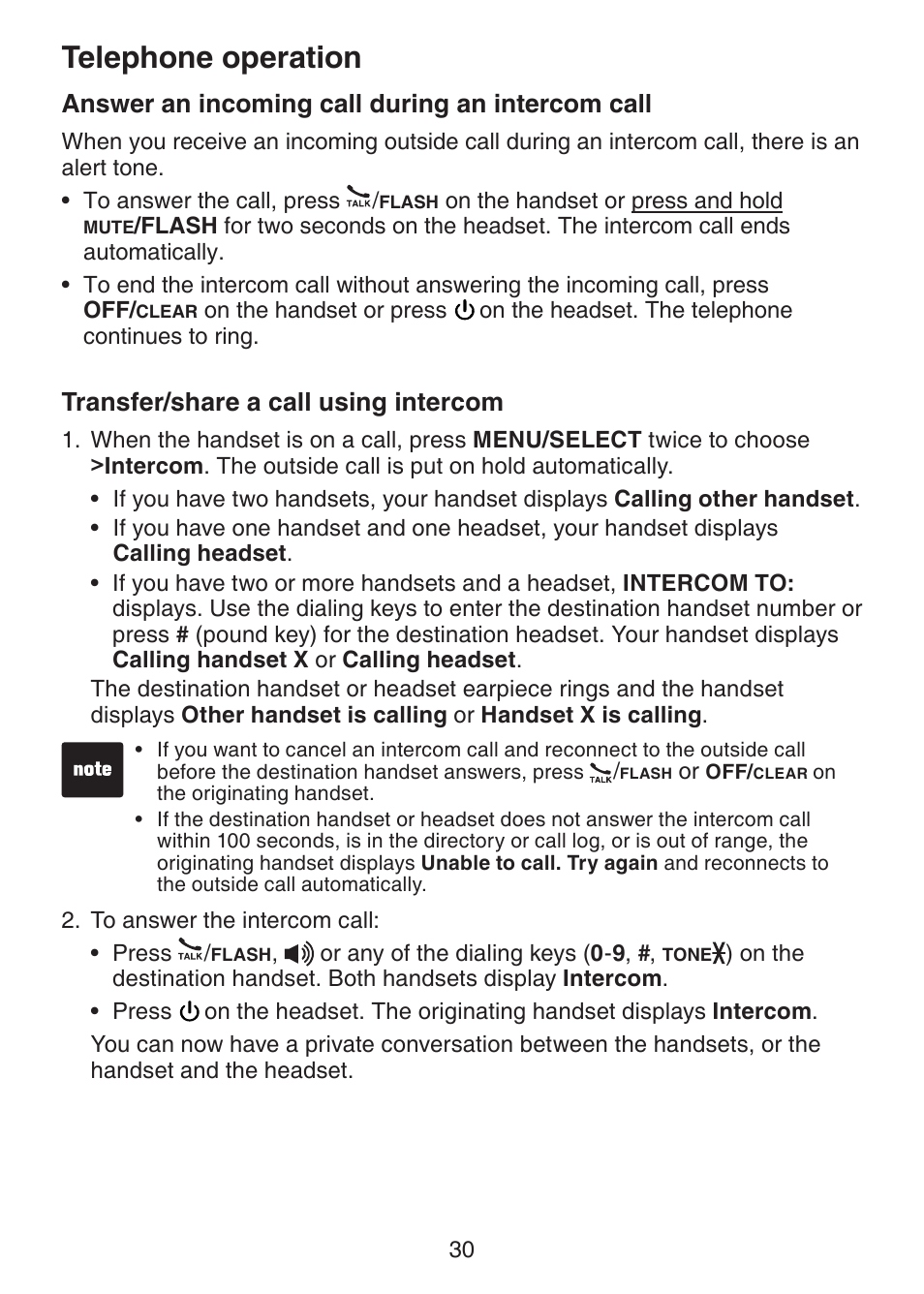 Answer an incoming call during an intercom call, Transfer/share a call using intercom, Answer an incoming call during | An intercom call, Transfer/share a call, Using intercom, Telephone operation | VTech DECT 6.0 LS6375-3 User Manual | Page 34 / 89