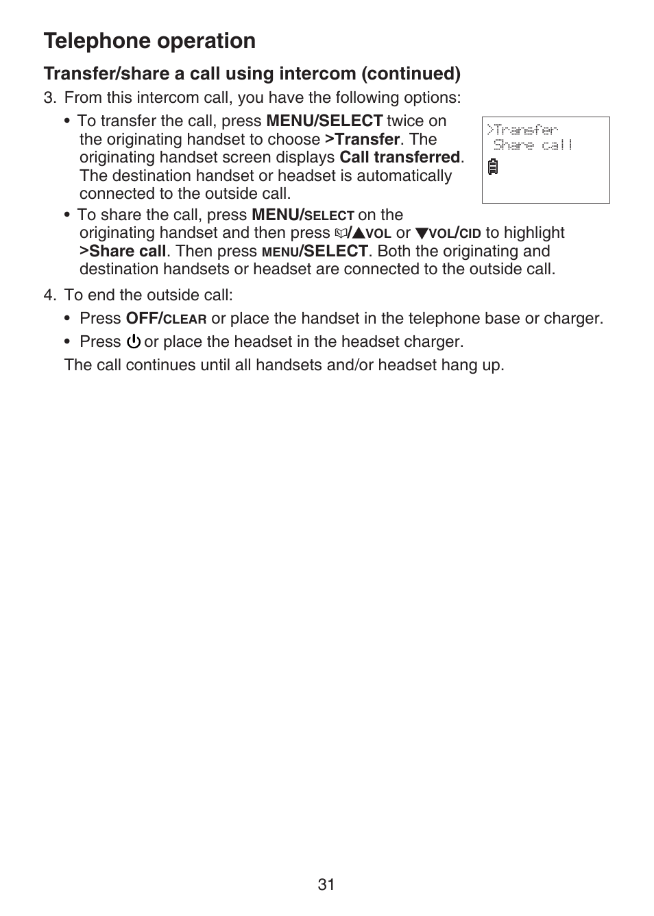 Telephone operation, Transfer/share a call using intercom (continued) | VTech DECT 6.0 LS6375-3 User Manual | Page 35 / 89