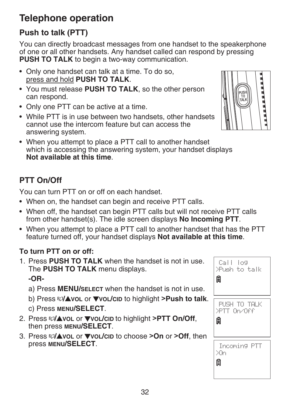 Push to talk (ptt), Ptt on/off, Telephone operation | VTech DECT 6.0 LS6375-3 User Manual | Page 36 / 89