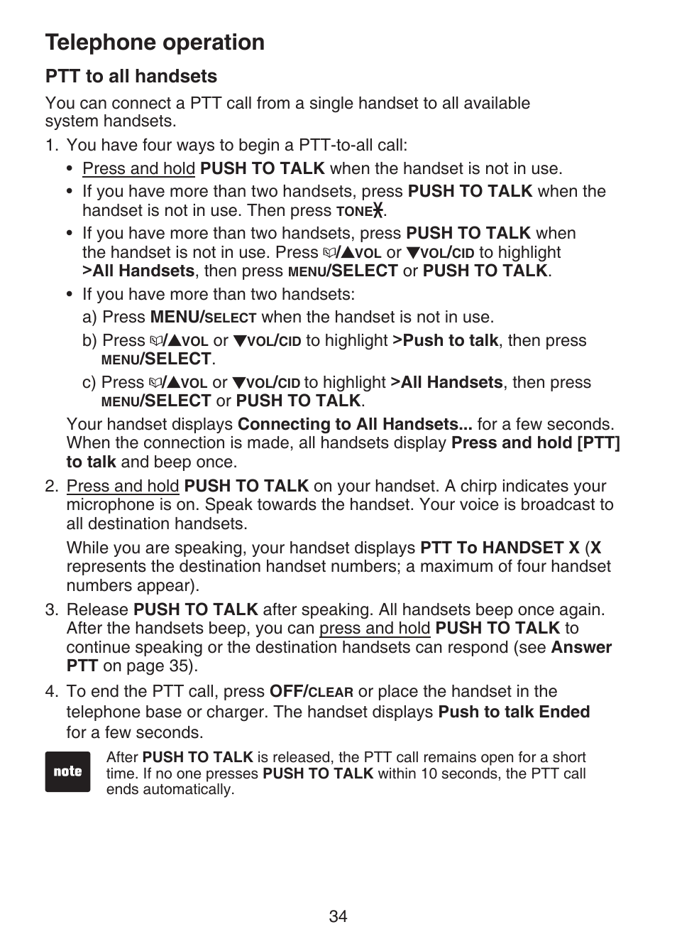 Ptt to all handsets, Telephone operation | VTech DECT 6.0 LS6375-3 User Manual | Page 38 / 89