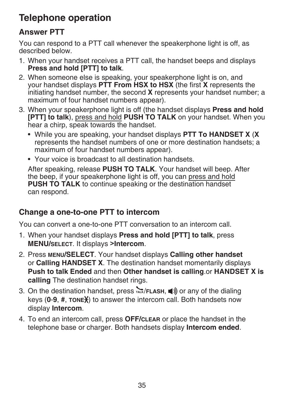 Answer ptt, Change a one-to-one ptt to intercom, Change a one-to-one ptt | To intercom, Telephone operation | VTech DECT 6.0 LS6375-3 User Manual | Page 39 / 89