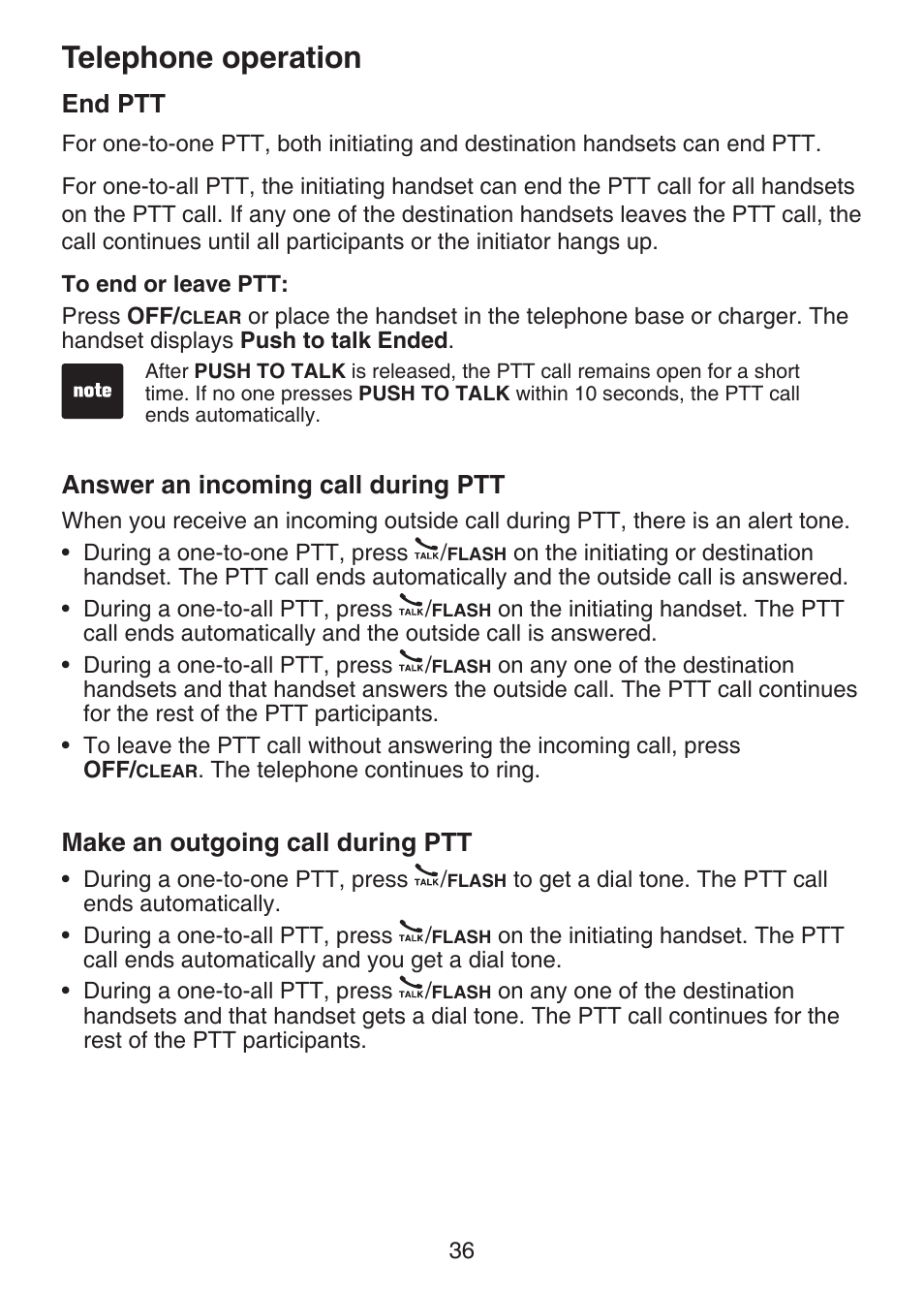 Answer an incoming call during ptt, Make an outgoing call during ptt, End ptt | Answer an incoming call, During ptt, Make an outgoing call, Telephone operation | VTech DECT 6.0 LS6375-3 User Manual | Page 40 / 89