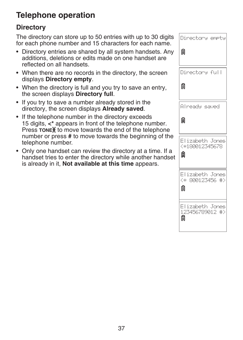 Directory, Telephone operation | VTech DECT 6.0 LS6375-3 User Manual | Page 41 / 89