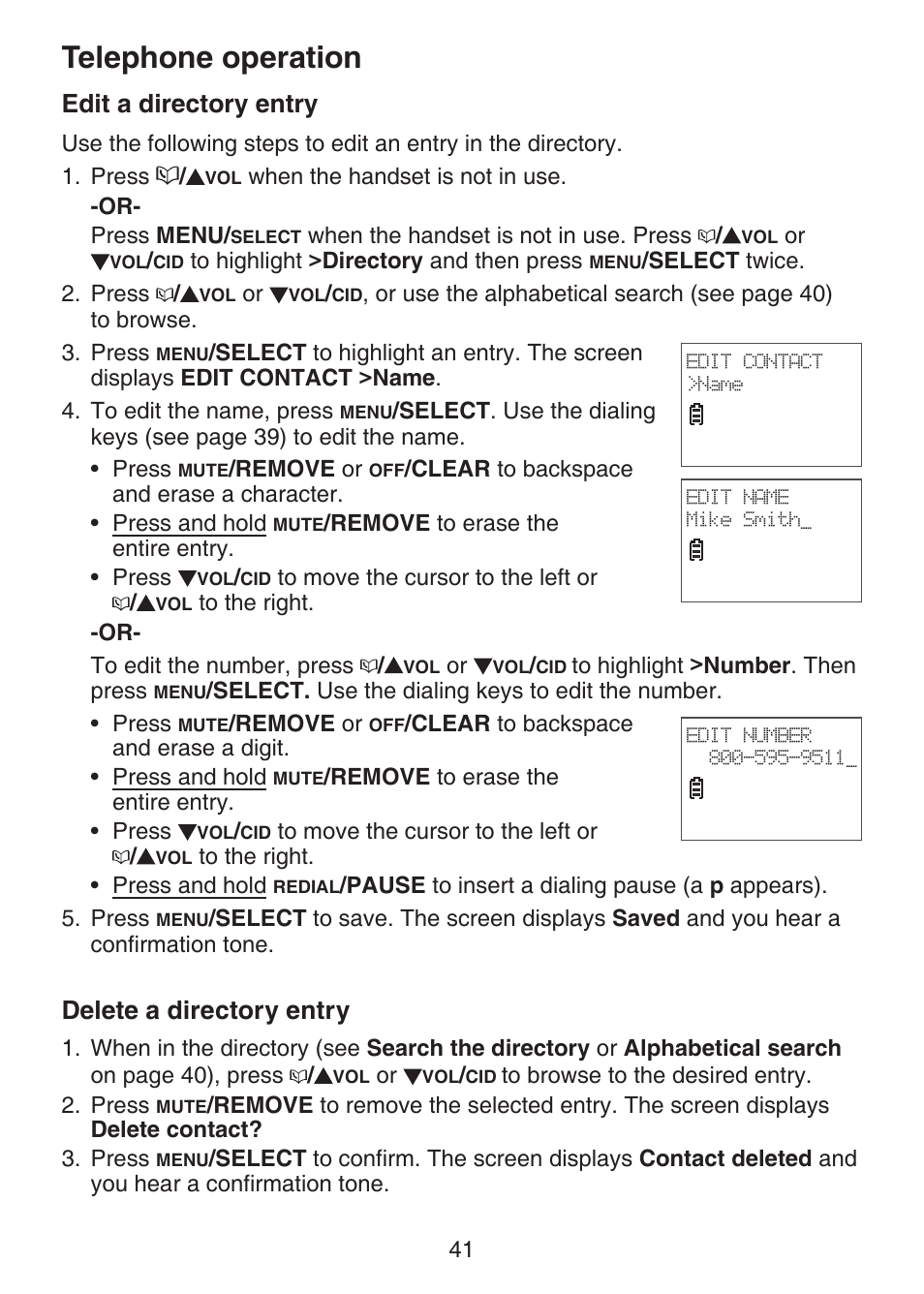 Edit a directory entry, Delete a directory entry, Telephone operation | VTech DECT 6.0 LS6375-3 User Manual | Page 45 / 89