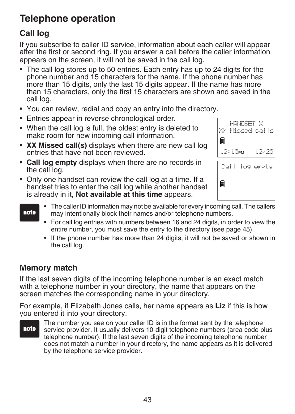 Call log, Memory match, Telephone operation | VTech DECT 6.0 LS6375-3 User Manual | Page 47 / 89