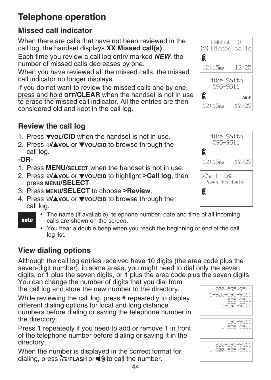 Missed call indicator, Review the call log, View dialing options | Telephone operation | VTech DECT 6.0 LS6375-3 User Manual | Page 48 / 89