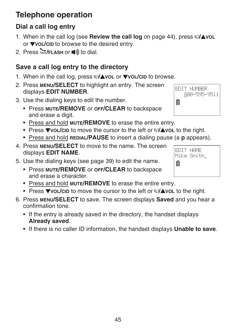 Dial a call log entry, Save a call log entry to the directory, Save a call log entry to | The directory, Telephone operation | VTech DECT 6.0 LS6375-3 User Manual | Page 49 / 89