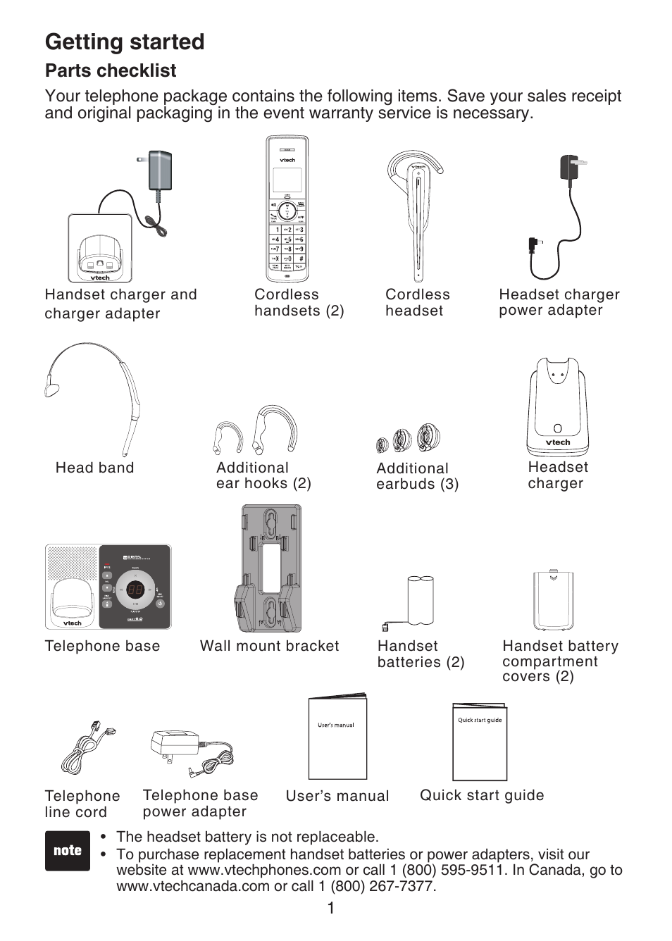 Getting started, Parts checklist, Getting started parts checklist | VTech DECT 6.0 LS6375-3 User Manual | Page 5 / 89