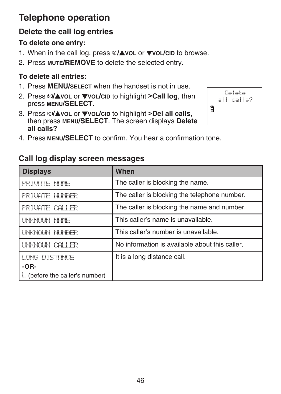 Delete the call log entries, Call log display screen messages, Call log display screen | Messages, Telephone operation | VTech DECT 6.0 LS6375-3 User Manual | Page 50 / 89