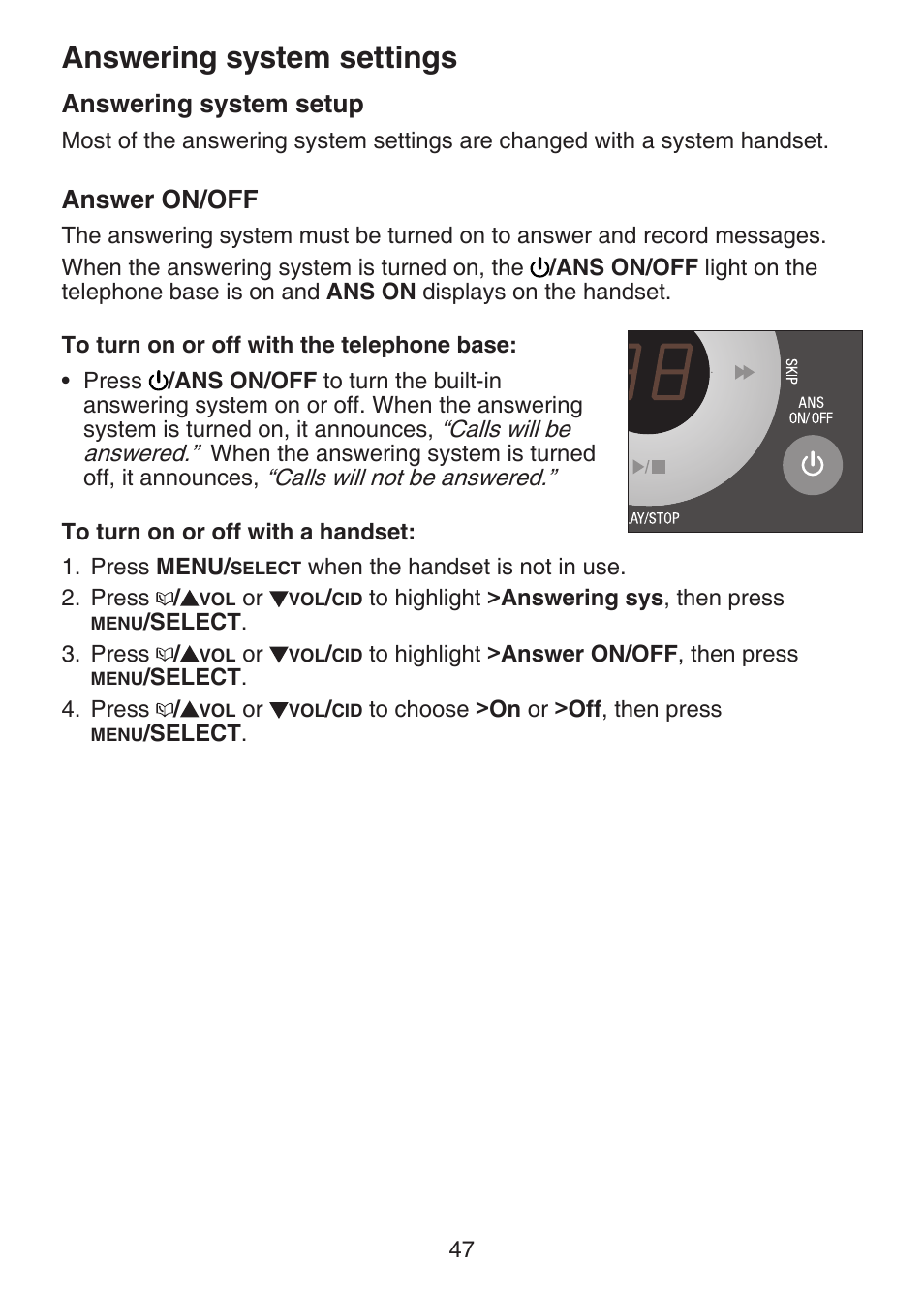 Answering system settings, Answering system setup, Answer on/off | Answering system settings answering system setup | VTech DECT 6.0 LS6375-3 User Manual | Page 51 / 89