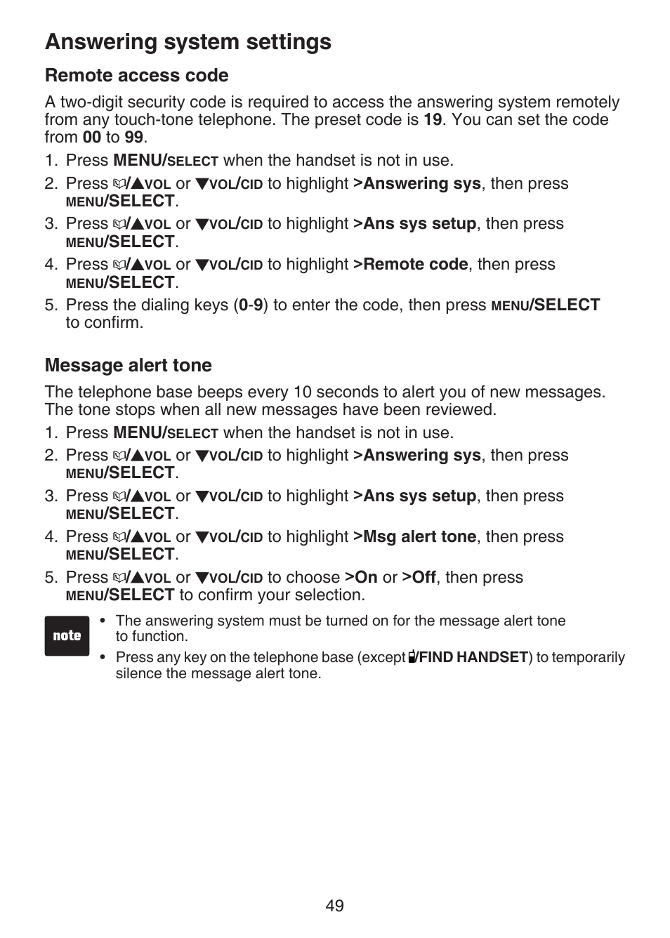 Remote access code, Message alert tone, Answering system settings | VTech DECT 6.0 LS6375-3 User Manual | Page 53 / 89