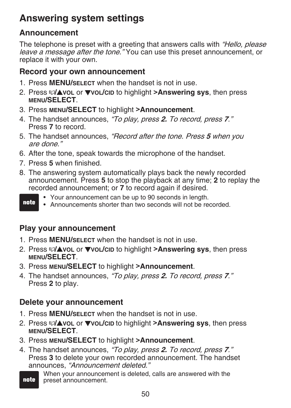 Announcement, Record your own announcement, Play your announcement | Delete your announcement, Answering system settings | VTech DECT 6.0 LS6375-3 User Manual | Page 54 / 89