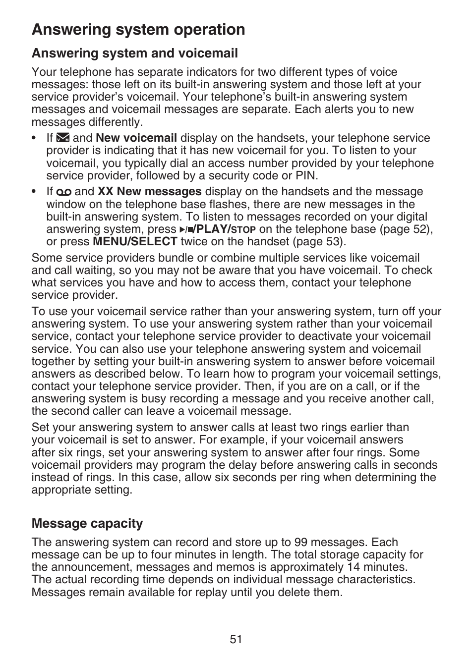 Answering system operation, Answering system and voicemail, Message capacity | Answering system operation answering system and, Voicemail | VTech DECT 6.0 LS6375-3 User Manual | Page 55 / 89