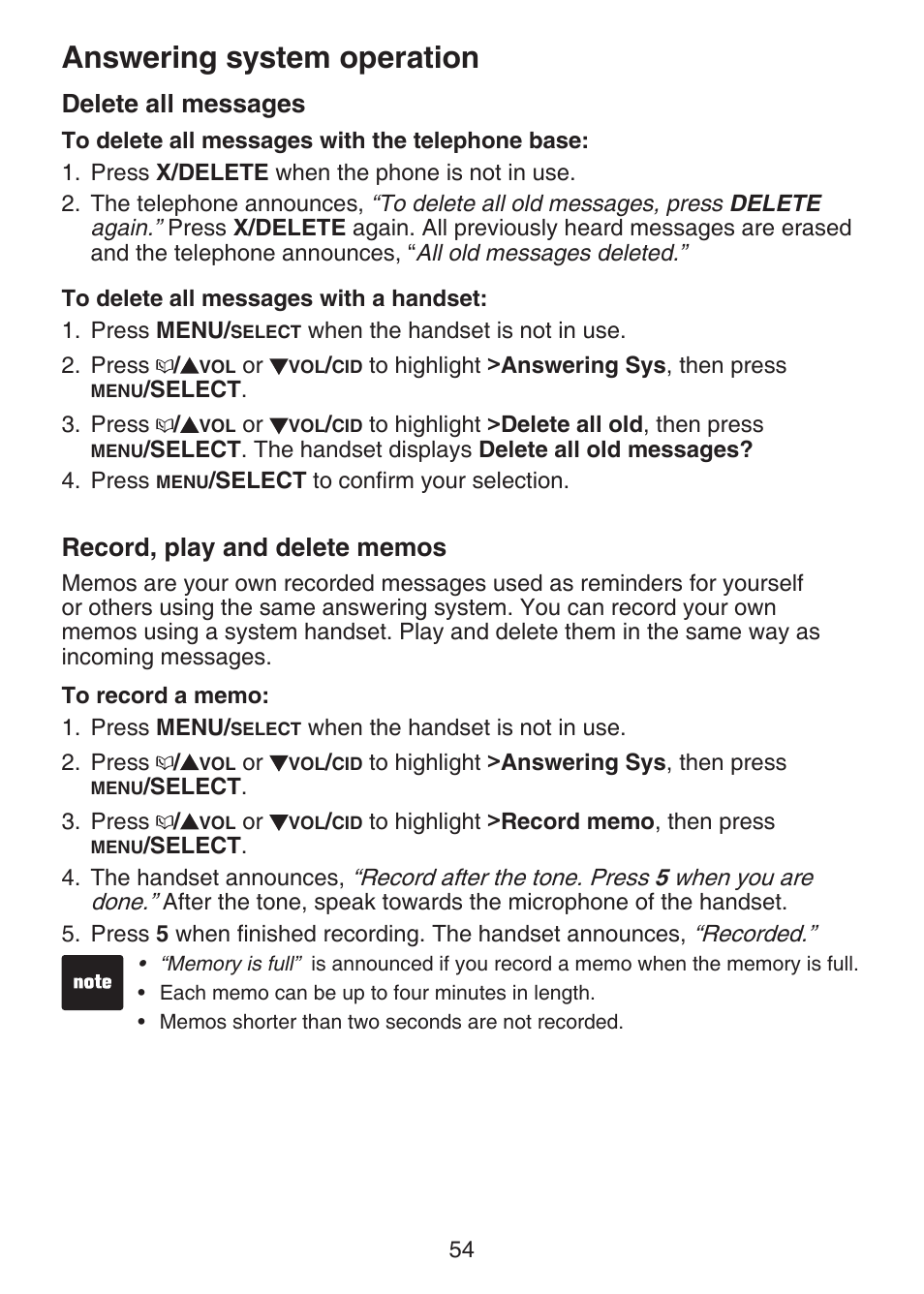 Delete all messages, Record, play and delete memos, Answering system operation | VTech DECT 6.0 LS6375-3 User Manual | Page 58 / 89