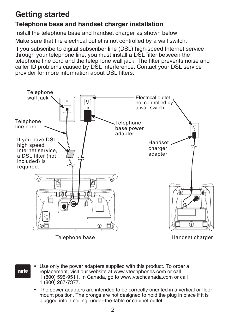 Telephone base and handset charger installation, Telephone base and handset, Charger installation | Getting started | VTech DECT 6.0 LS6375-3 User Manual | Page 6 / 89