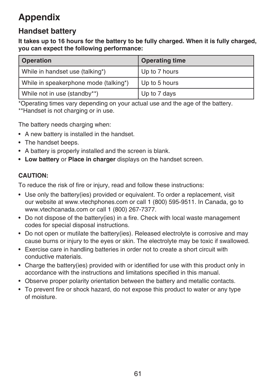 Handset battery, Appendix | VTech DECT 6.0 LS6375-3 User Manual | Page 65 / 89