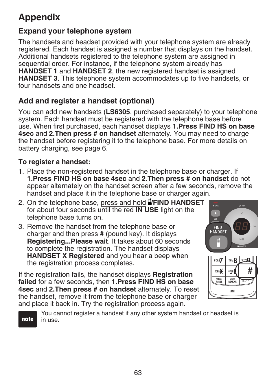 Expand your telephone system, Add and register a handset (optional), Add and register a handset | Optional), Appendix | VTech DECT 6.0 LS6375-3 User Manual | Page 67 / 89