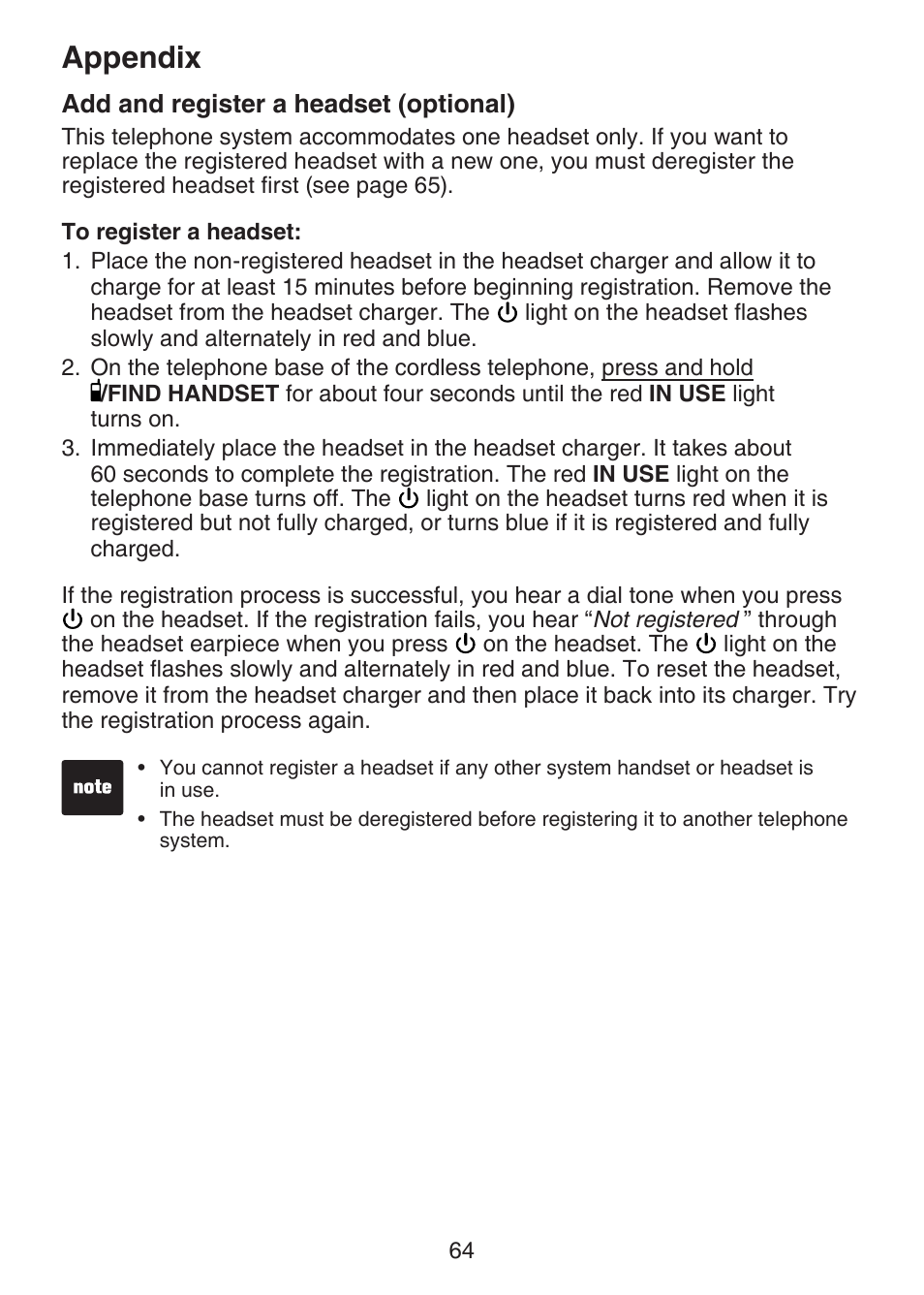 Add and register a headset (optional), Add and register a headset, Optional) | Appendix | VTech DECT 6.0 LS6375-3 User Manual | Page 68 / 89