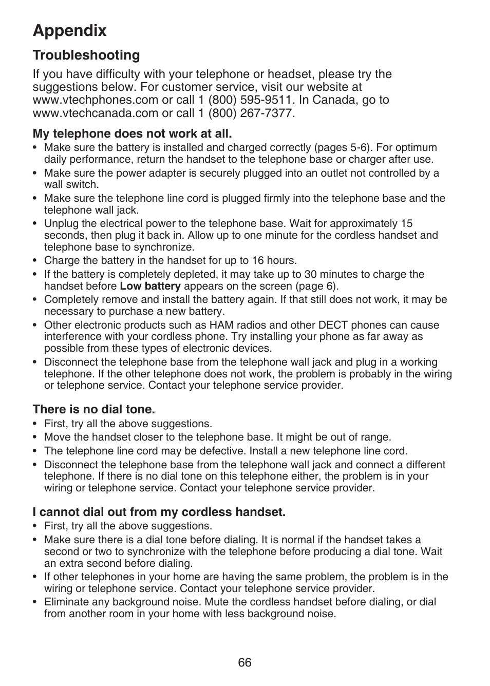 Troubleshooting, Appendix | VTech DECT 6.0 LS6375-3 User Manual | Page 70 / 89