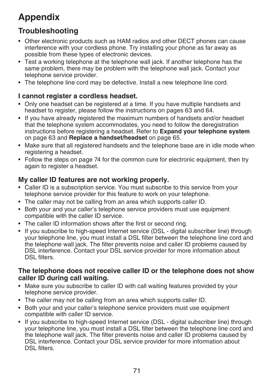 Appendix, Troubleshooting | VTech DECT 6.0 LS6375-3 User Manual | Page 75 / 89