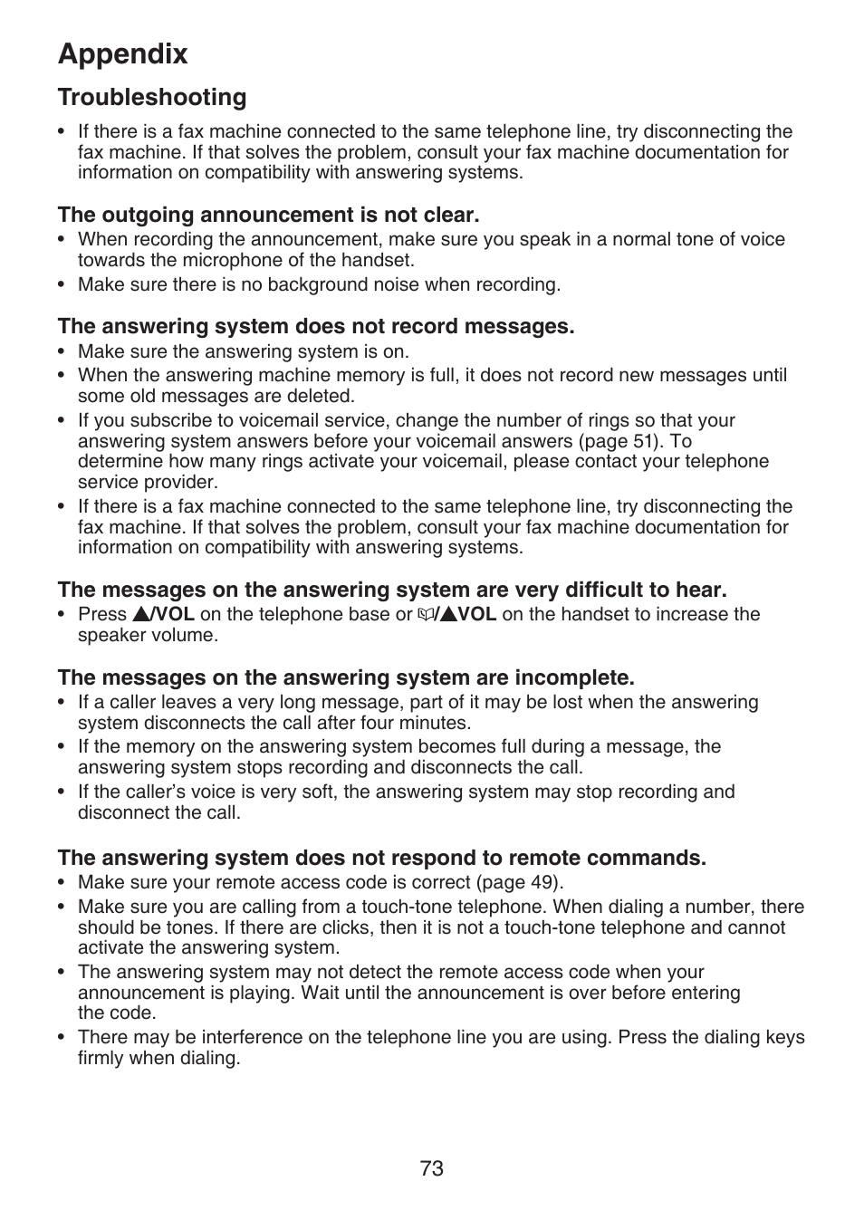 Appendix, Troubleshooting | VTech DECT 6.0 LS6375-3 User Manual | Page 77 / 89