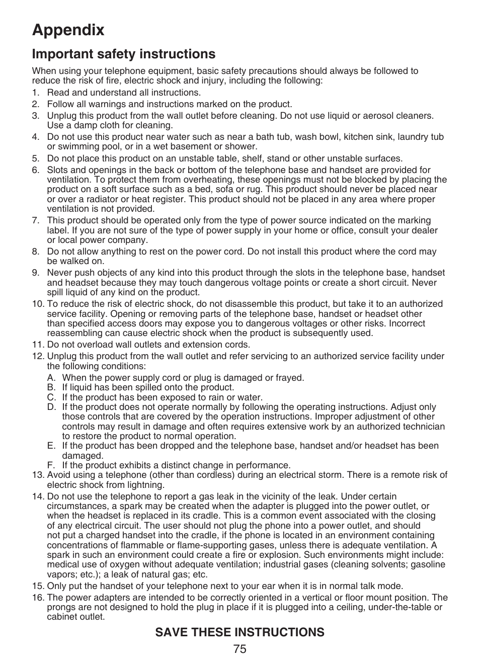 Important safety instructions, Appendix, Save these instructions | VTech DECT 6.0 LS6375-3 User Manual | Page 79 / 89