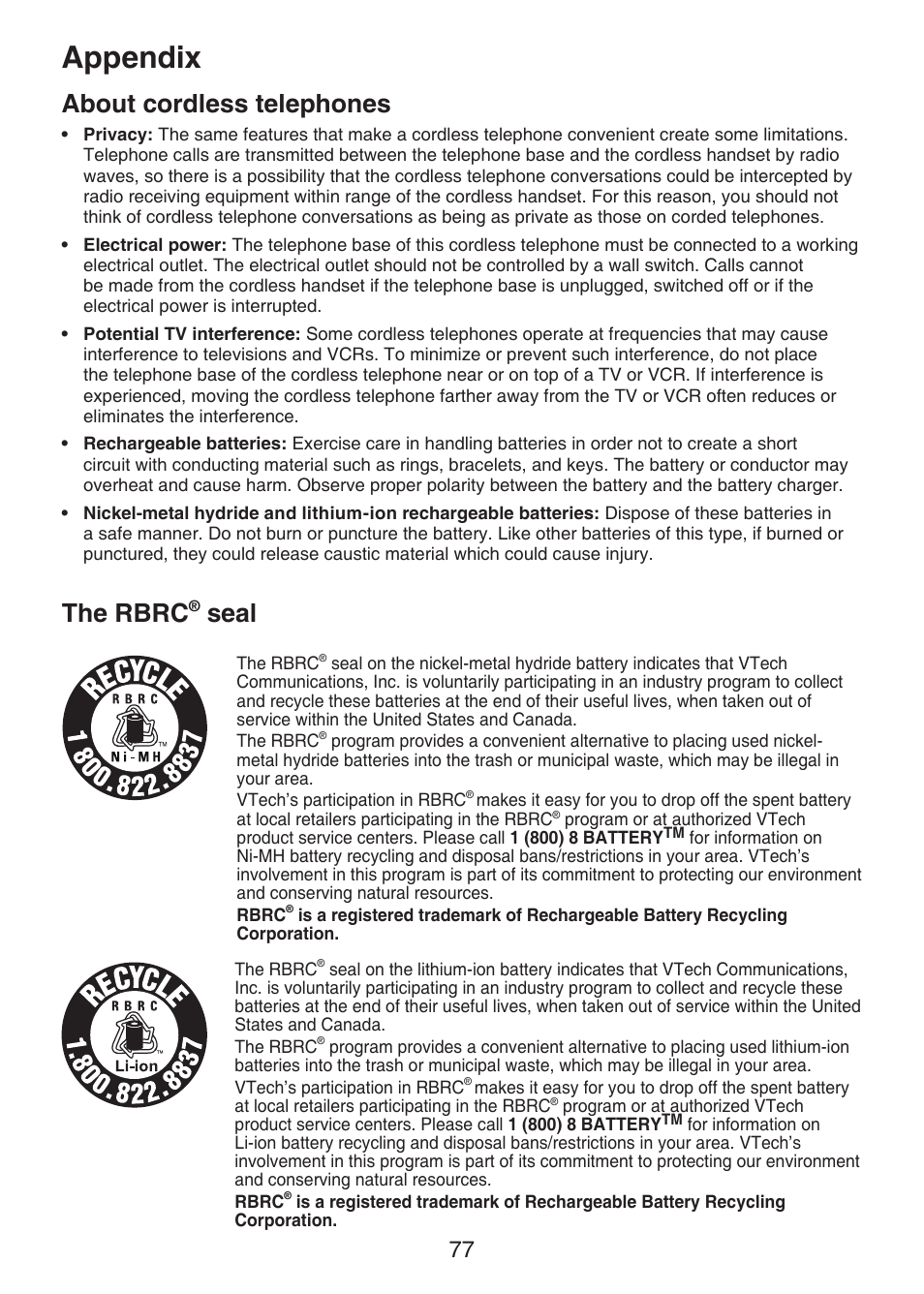 About cordless telephones, The rbrc® seal, The rbrc | Seal, Appendix | VTech DECT 6.0 LS6375-3 User Manual | Page 81 / 89