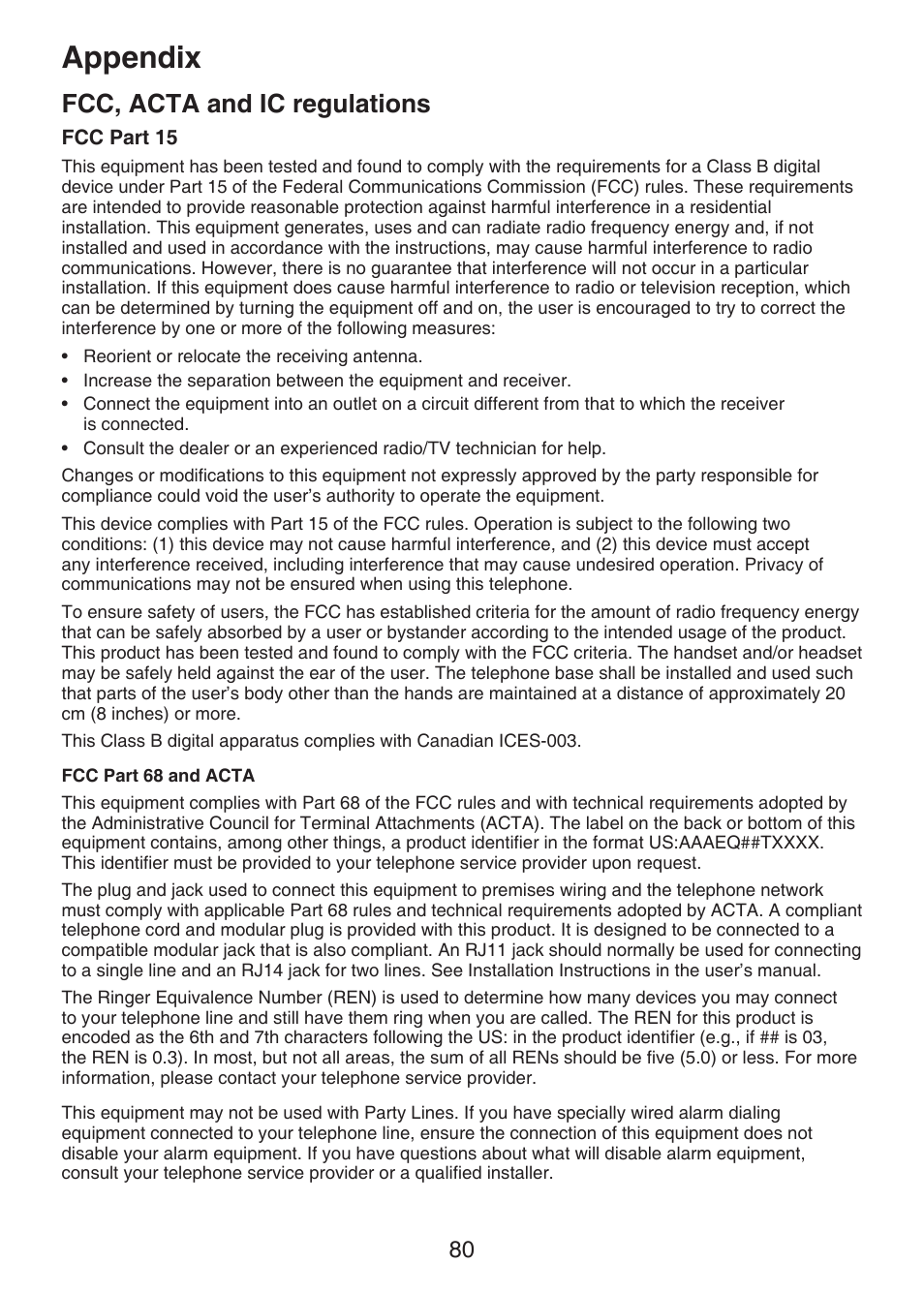 Fcc, acta and ic regulations, Appendix | VTech DECT 6.0 LS6375-3 User Manual | Page 84 / 89